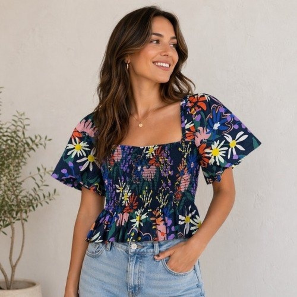 Corey Lynn Calter Floral Smocked Puff Sleeve Peplum Top Navy Multi Womens Large